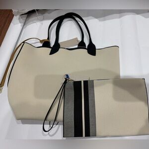 Rothy's Lightweight tote & The Wallet Wristlet in the Black Portobello Stripe